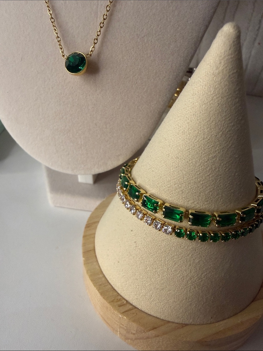 Bundle! Gold Emerald Green Tennis Bracelet and Pendant Necklace Set
